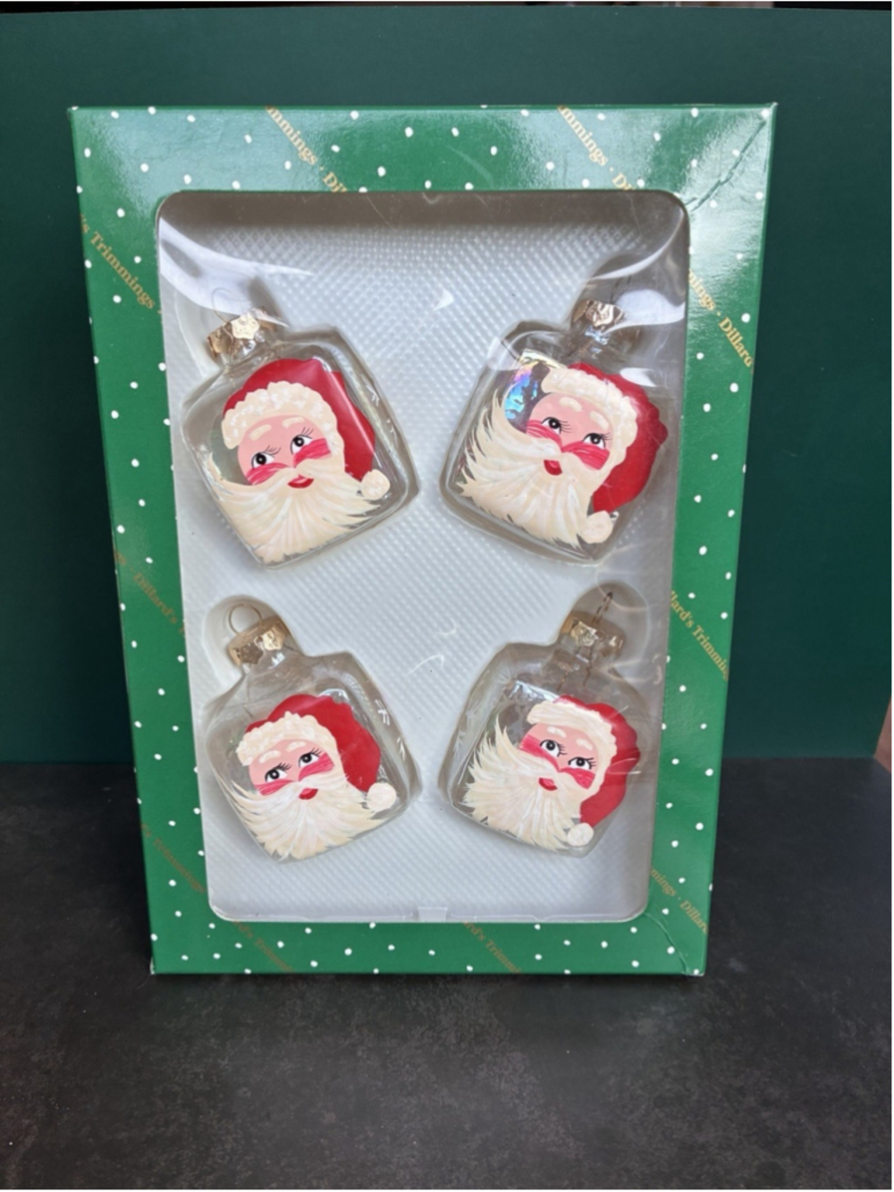 Set Of 4 Dillards Trimmings Glass Christmas Ornaments Santa